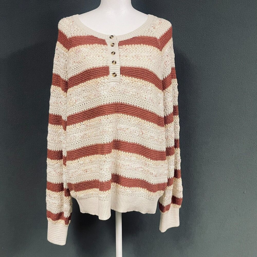 C&C California Womens Large Striped Henley Cream Knit Cotton Blend Sweater Cozy